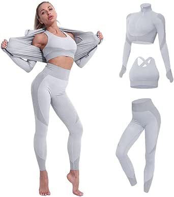 YETOWA Women's 3pcs Seamless Outfit Workout Sets Gym, Fitness Sports Tracksuit Workout Set Running Clothes Yoga Sportswear