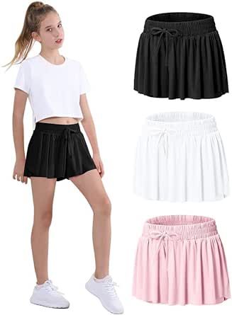 EXARUS Girls Flowy Butterfly Shorts Athletic 2 in 1 Running Skirt Shorts Cheer Tennis Dance Preppy Kids Clothes 2-14Y