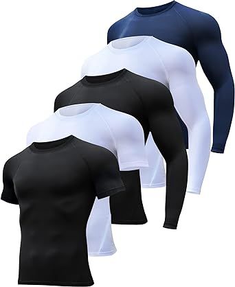 HOPLYNN 4/5 Pack Workout Compression Shirts Men Long/Short Sleeve Rash Guard Athletic Undershirt Gear T Shirt for Sports