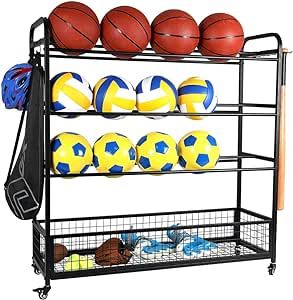 Garage Sports Equipment Organizer,Ball Storage Rack with Baskets and Hooks,Rolling Sports Storage Rack,Iron Ball Holder Garage Ball Organizer(Black)