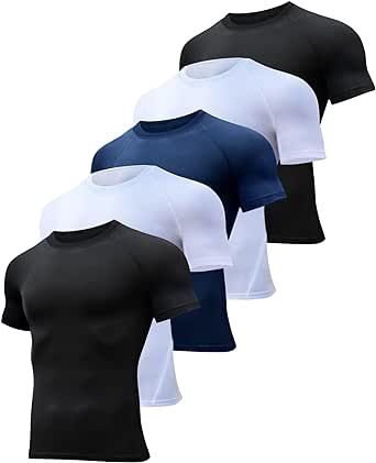 HOPLYNN 4/5/6 Pack Compression Shirts Men Short Sleeve Rash Guard Base Layer Athletic Undershirt Gear Workout T-Shirt