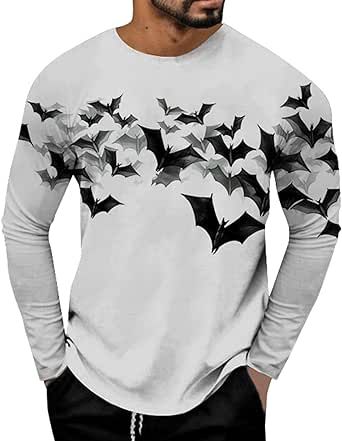 Mens Halloween Long Sleeve T Shirt Round Neck Bat Print Pullover Sweatshirt Autumn Adult Long Sleeve