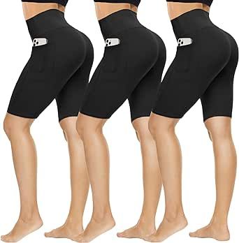 QGGQDD 3 Pack Biker Shorts Women with Pockets - 8” High Waisted Black Workout Running Yoga Shorts