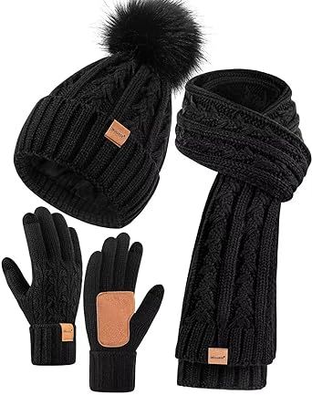 Womens Beanie Hat Scarf Gloves Set, Fleece Lined Winter Hat with Pom Pom, Long Knit Scarf Touchscreen Gloves for Cold Weather