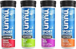 Nuun Sport + Caffeine Electrolyte Tablets for Proactive Hydration, Mixed Flavor Box, 4 Pack (40 Servings)