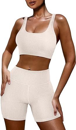 ANRABESS Women's 2 Pieces Outfit Bodysuit Set Workout Sleeveless Crop Top Bodycon Yoga Leggings Gym Clothes Set Tracksuit