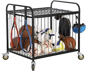 MyGift Black Metal Rolling Multi Sports Ball Cage Storage Hopper - Gym Equipment Basket Cart with Lockable Latch, Caster Wheels, and 8 Accessory Hooks