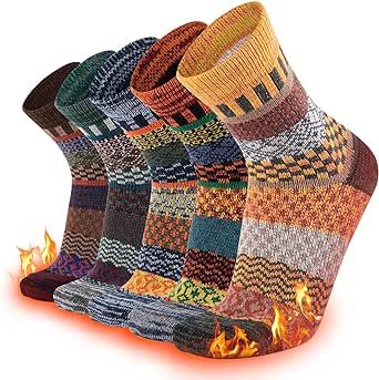 COOPLUS Wool Socks Mens Warm Winter Thermal Thick Pattern Crew Socks for Cold Weather (5 Pairs)