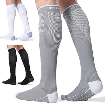 CS CELERSPORT 3 Pairs Compression Socks for Men and Women 20-30 mmHg Running Support Soccer Football Socks