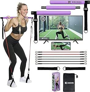 KROSSIL Portable Pilates Bar with Resistance Bands - Adjustable Fitness Kit for Home Workouts - 6 Resistance Bands + 5 Exercise Loop Bands - Natural Latex